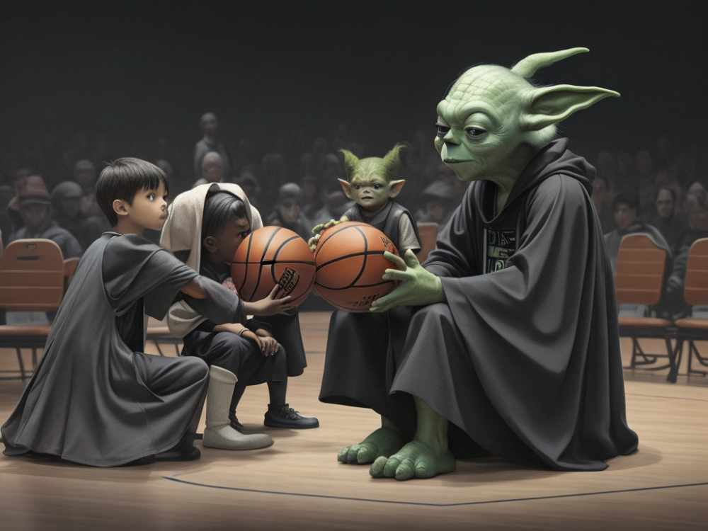 Yoda teaching kids basketball in the court